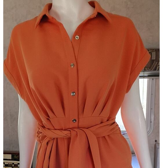 Worthington PM Modest Tie Waist Button Shirt Dress Orange Career Work Petite - Picture 3 of 13